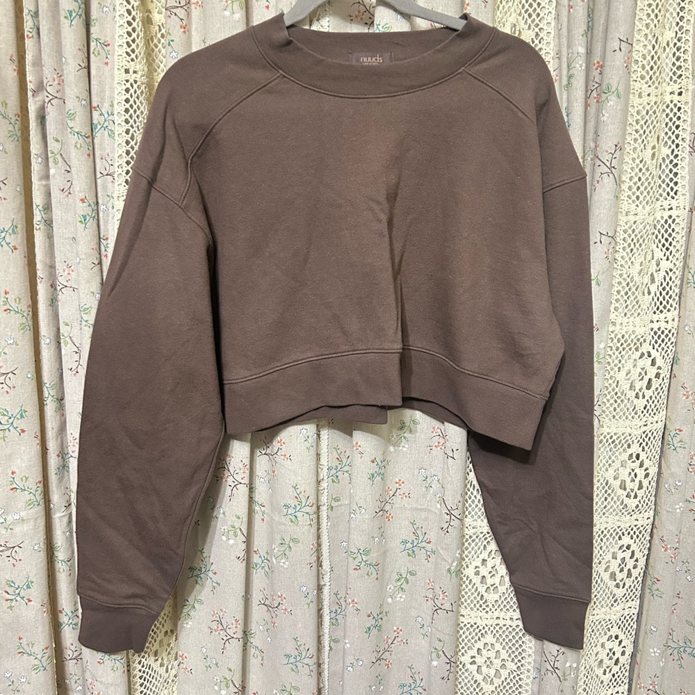 2/$28 Nuuds Cropped Crew Neck 100% Cotton Terry Sweatshirt In Coffee Small EUC - Picture 2 of 5